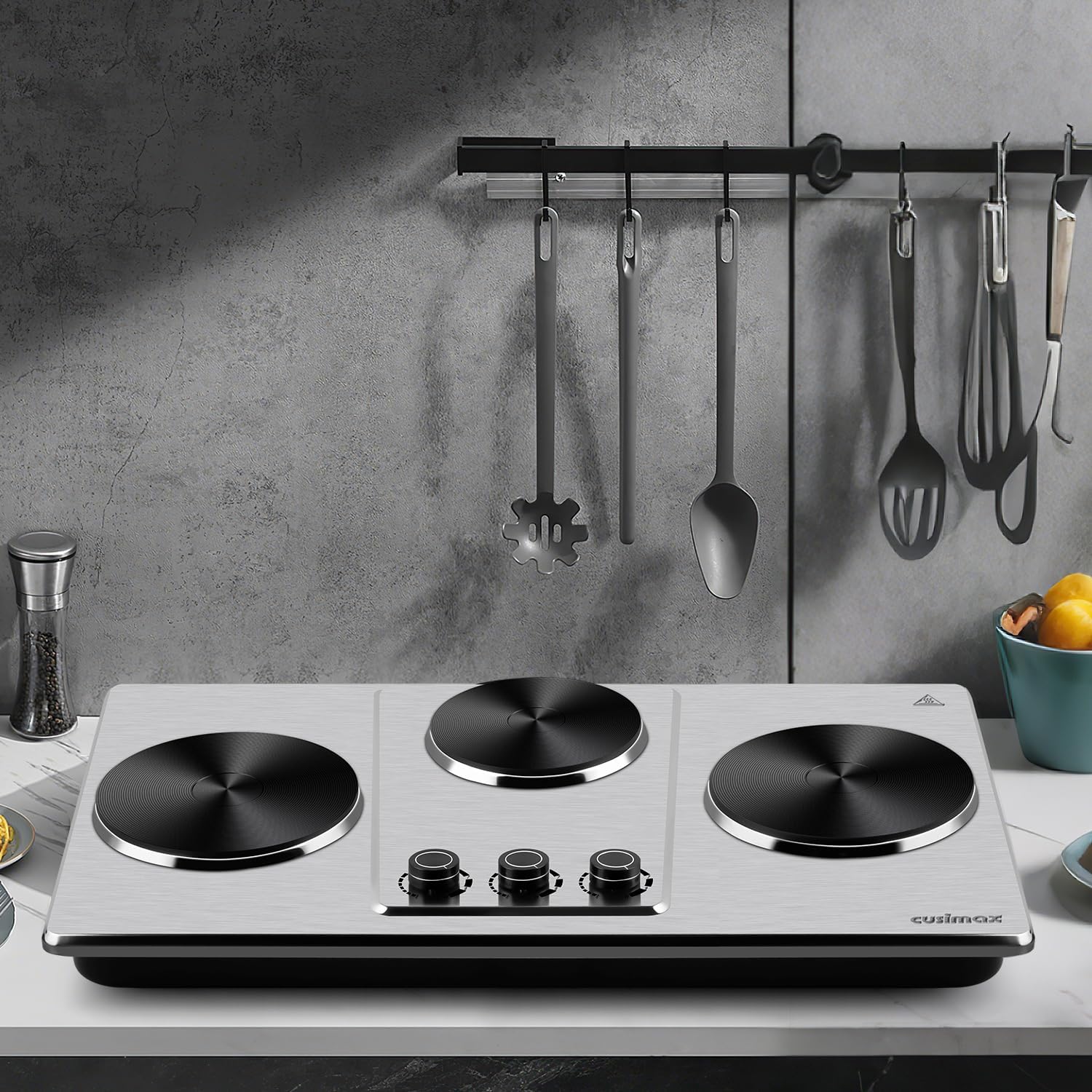 Cusimax Hot Plate,Countertop Triple Burner with 7″Cast Iron Cooktop,Electric Hot Plate for Cooking,11 Level Temperature Setting